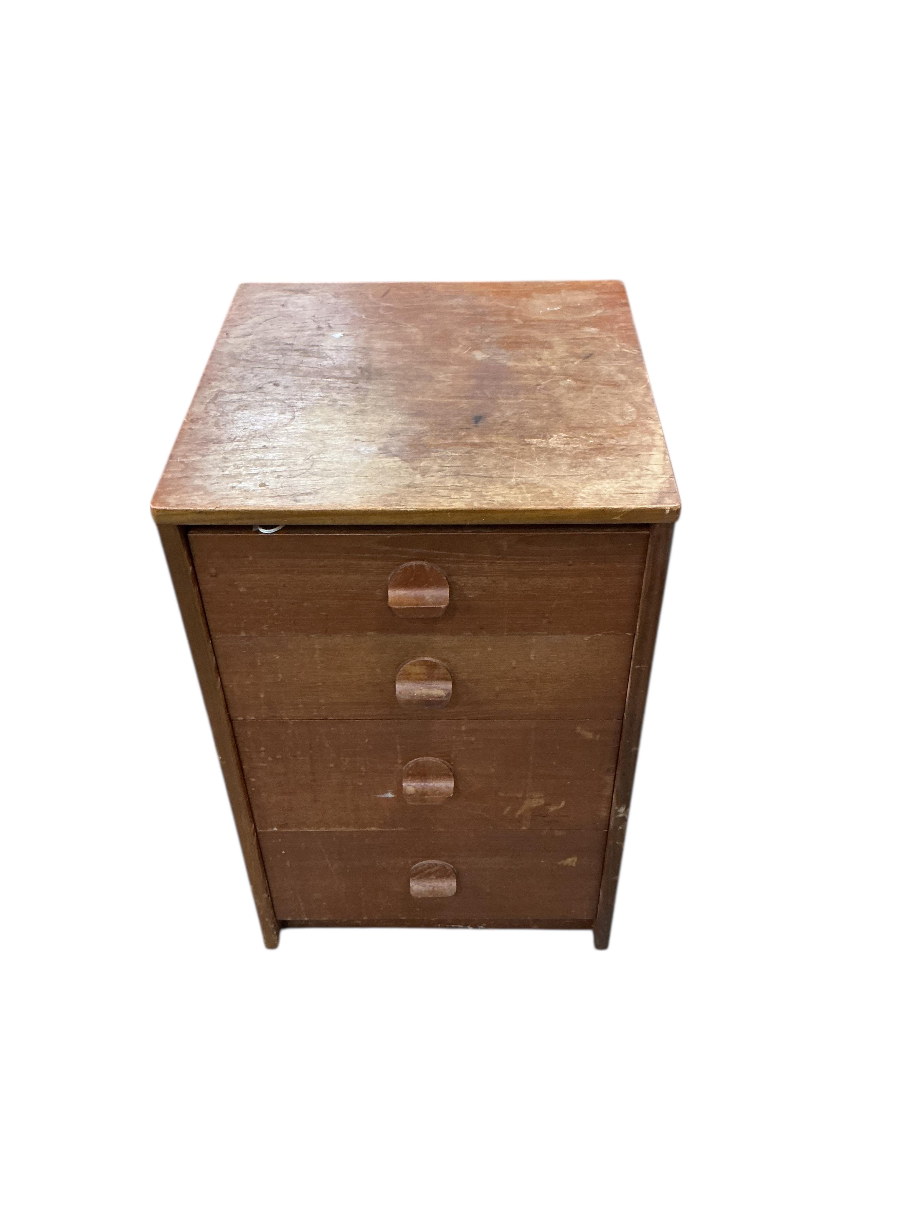 A small mid century Stag teak three drawer chest and a four drawer chest, larger width 80cm, depth 43cm, height 63cm